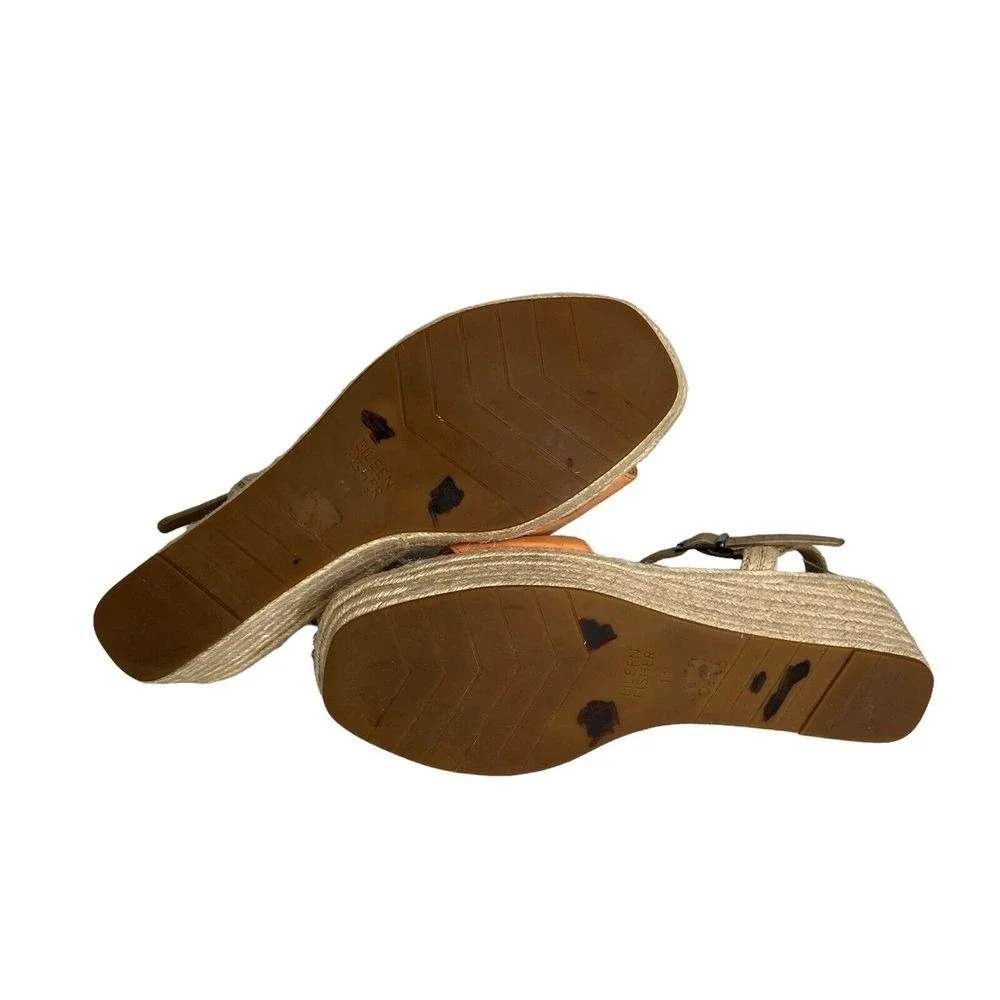 Eileen Fisher‎ Espadrille Wedge Sandals Ankle Strap Orange Leather Size 11